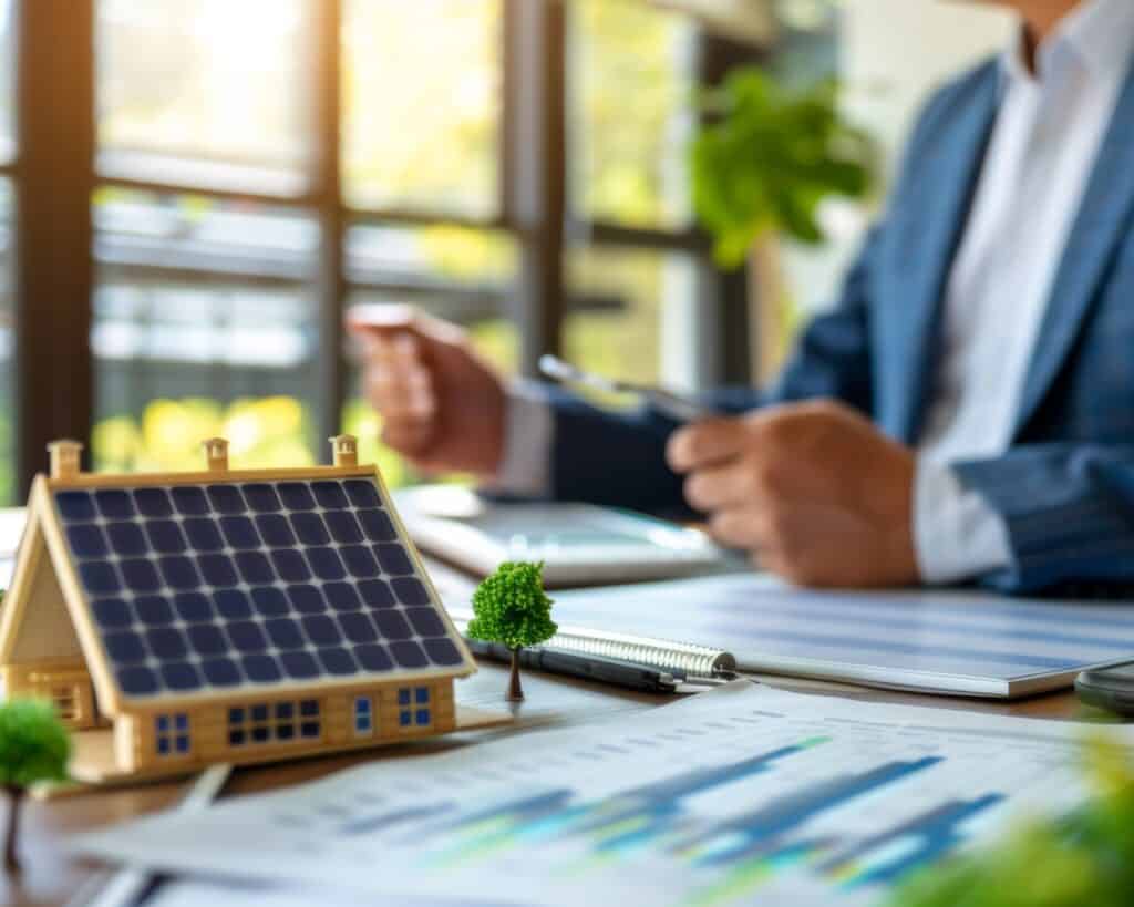 Finanzberater bespricht langfristige Einsparungen mit Solarenergiemodellen in einem modernen Büro
