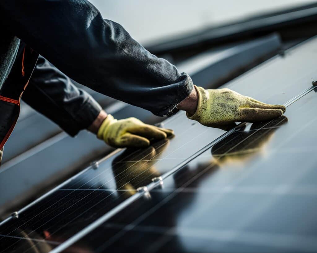 Mitarbeiter einer Firma, die Solarmodule installiert, auf dem Dach